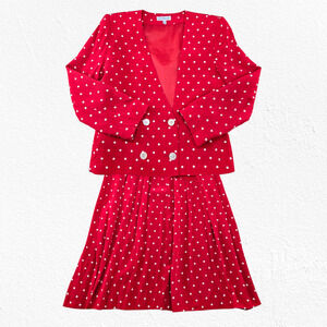 1980s Vintage David Brooks Red White Polka Dot Retro Career Skirt Suit Size 2